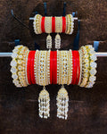 Pearl Kundan Bridal Chuda Set with Pearl Jhumki Latkans – Red & White Wedding Bangles