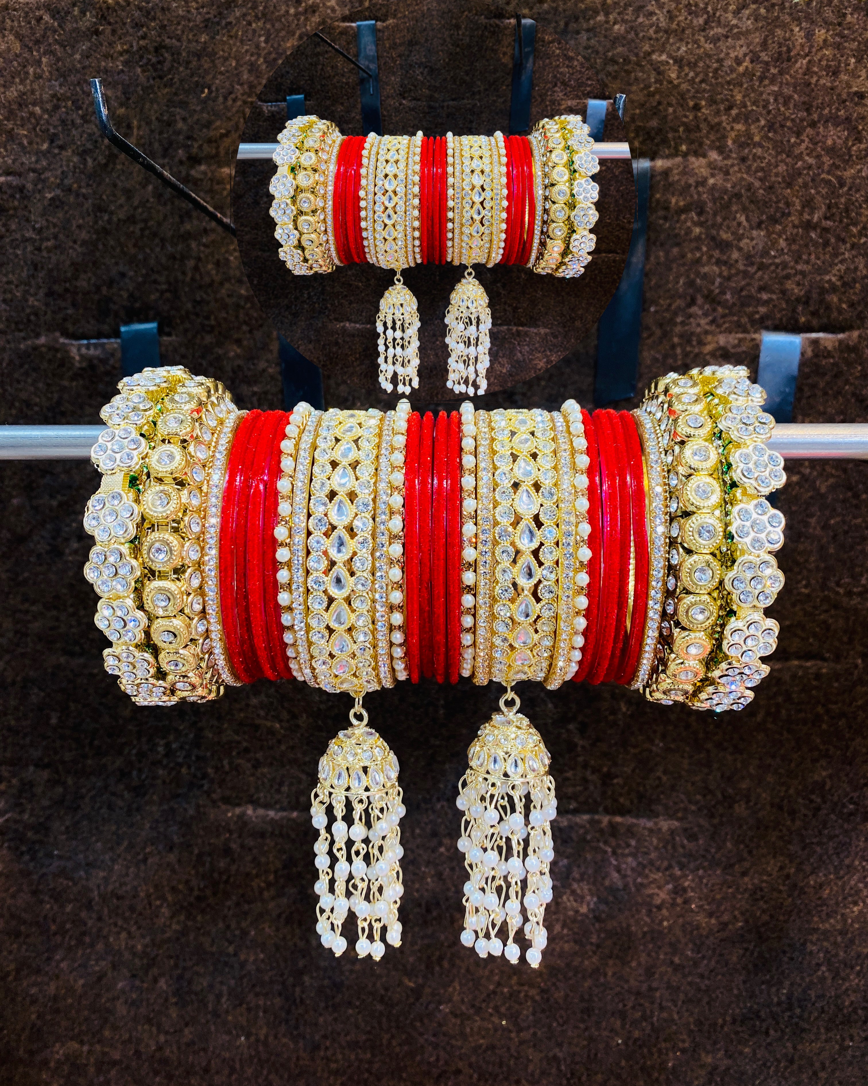 Pearl Kundan Bridal Chuda Set with Pearl Jhumki Latkans – Red & White Wedding Bangles