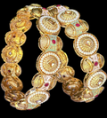 Title: Antique Gold Meenakari Bangles with Pearl Border & Ruby Accents – Set of 2 Traditional Bangles