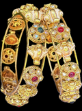 Antique Gold Multicolor Stone Bangles with Floral Motifs – Set of 2 Traditional Bangles