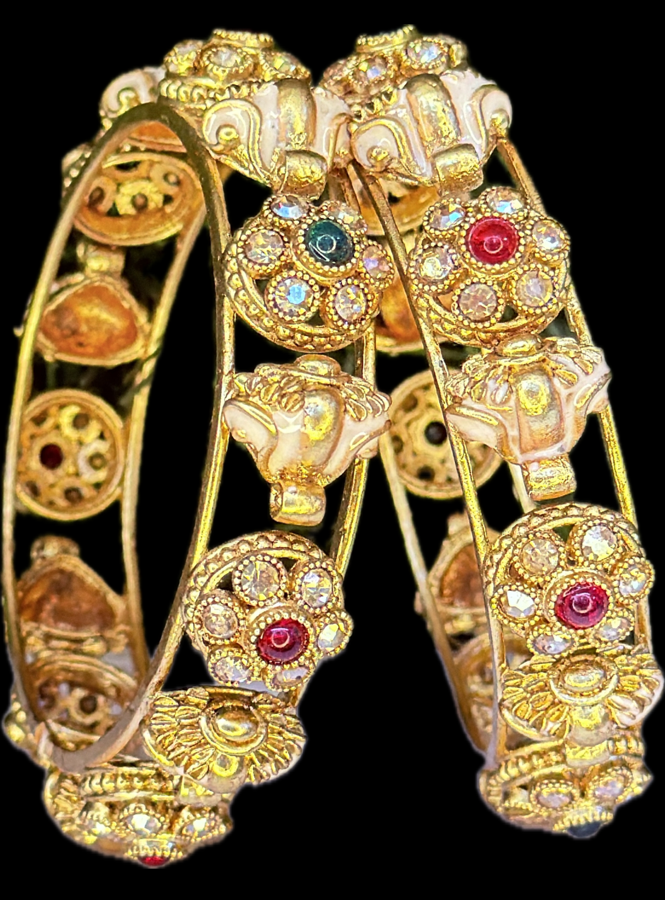 Antique Gold Multicolor Stone Bangles with Floral Motifs – Set of 2 Traditional Bangles