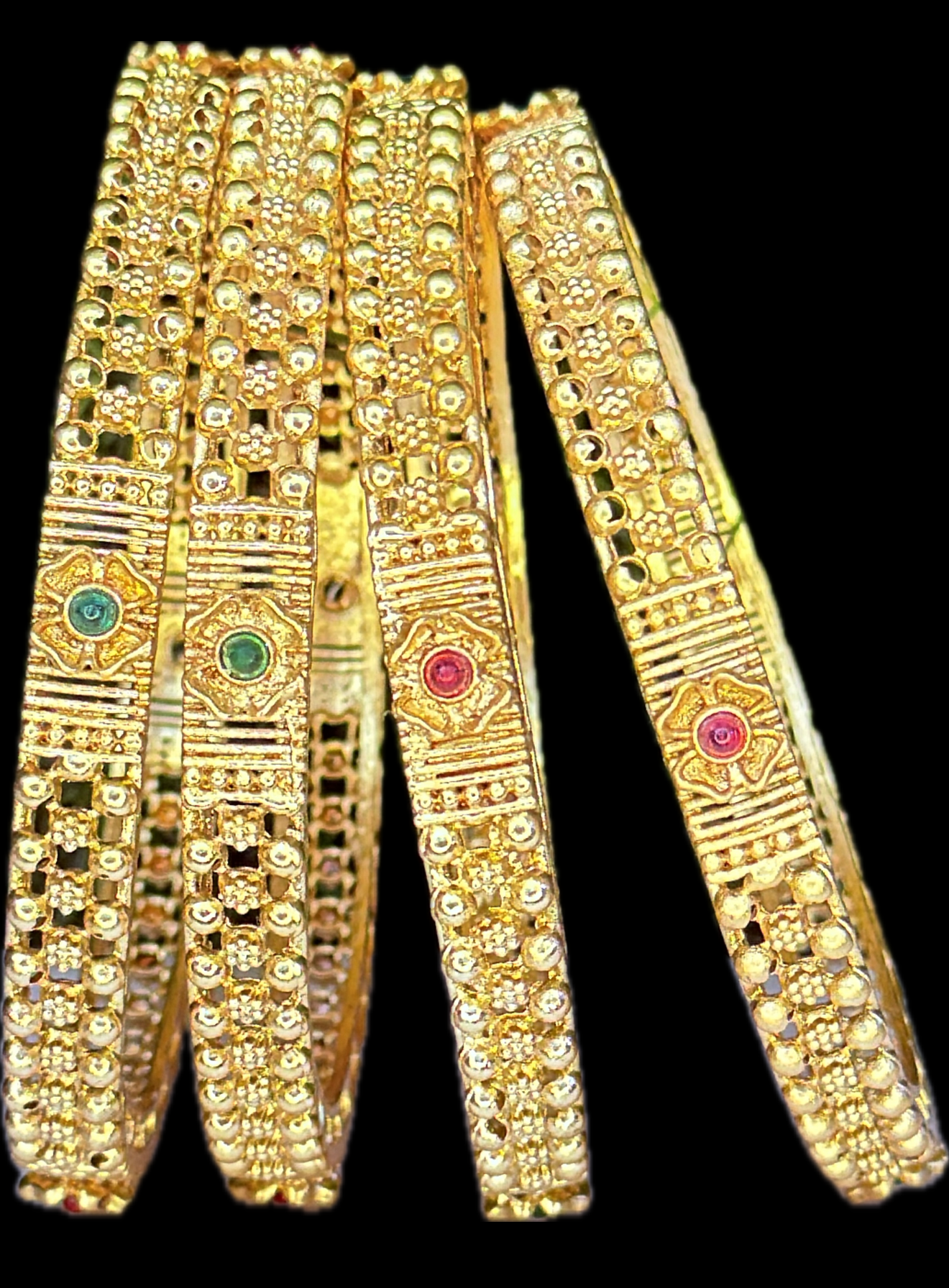Antique Gold Filigree Bangles with Ruby & Emerald Stone Accents – Set of 4 Traditional Bangles