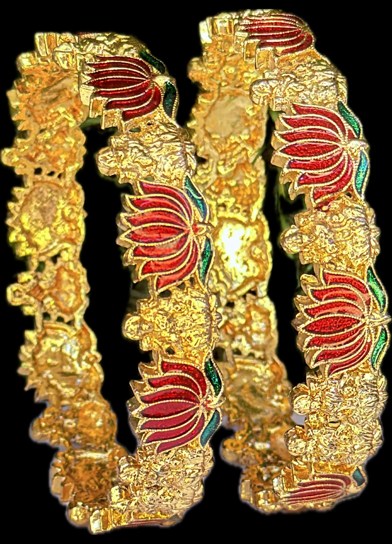 Antique Gold Meenakari Bangles with Red Lotus Enamel Work – Set of 2 Traditional Bangles