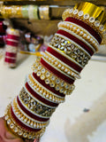 Maroon Velvet Kundan Bridal Chuda Set with Mirror & Pearl Work – Traditional Wedding Bangles