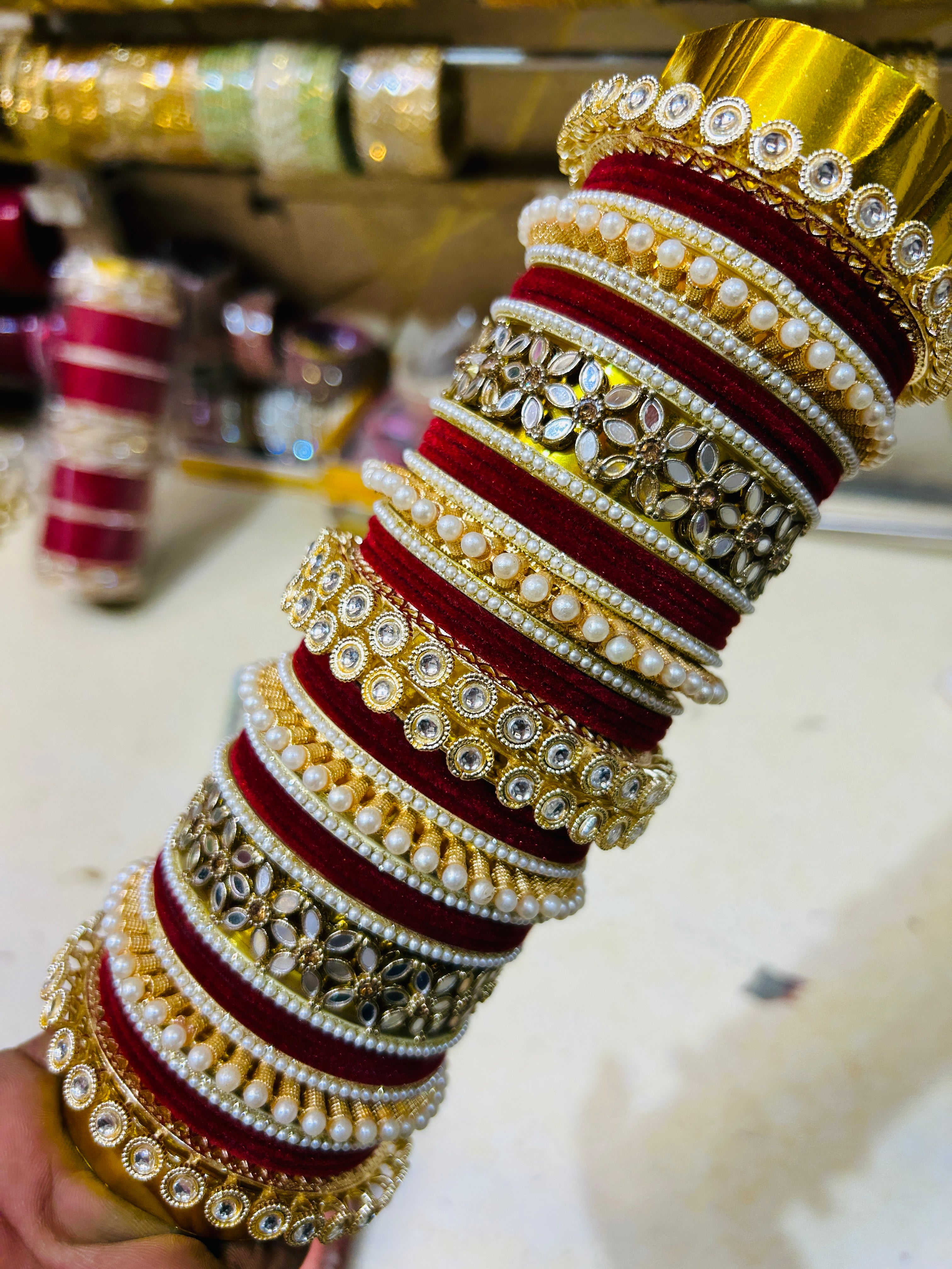 Maroon Velvet Kundan Bridal Chuda Set with Mirror & Pearl Work – Traditional Wedding Bangles