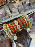 Multicolor Stone Bridal Bangle Set with Pearl Jhumka Charms