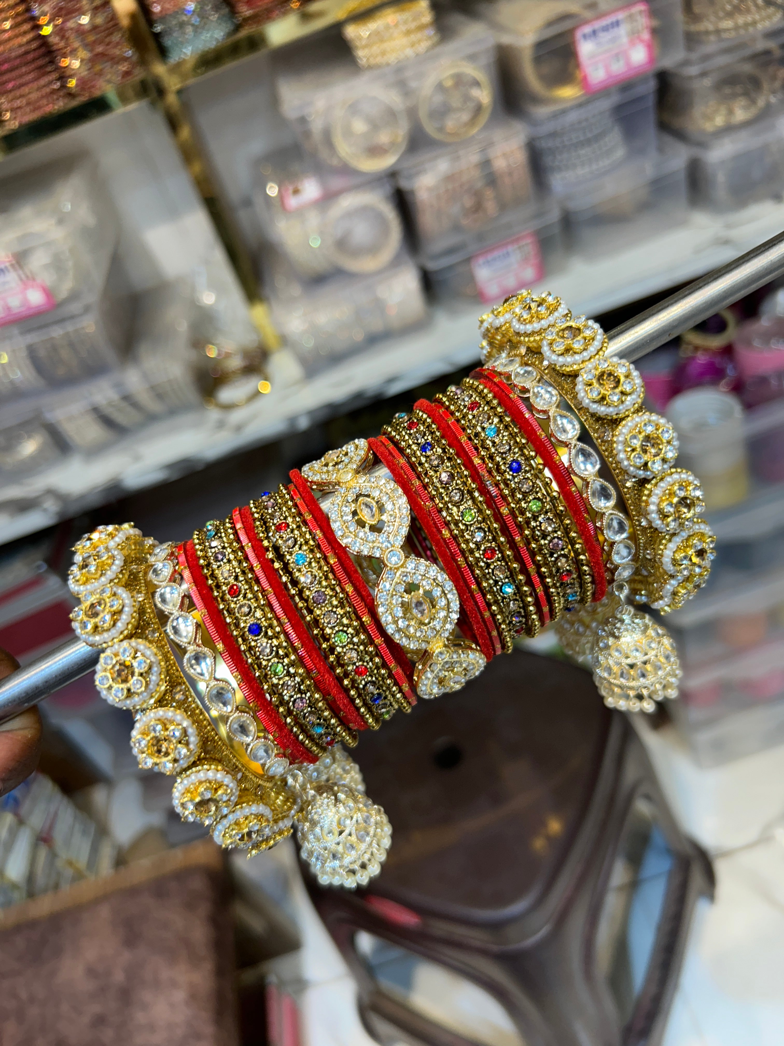 Multicolor Stone Bridal Bangle Set with Pearl Jhumka Charms