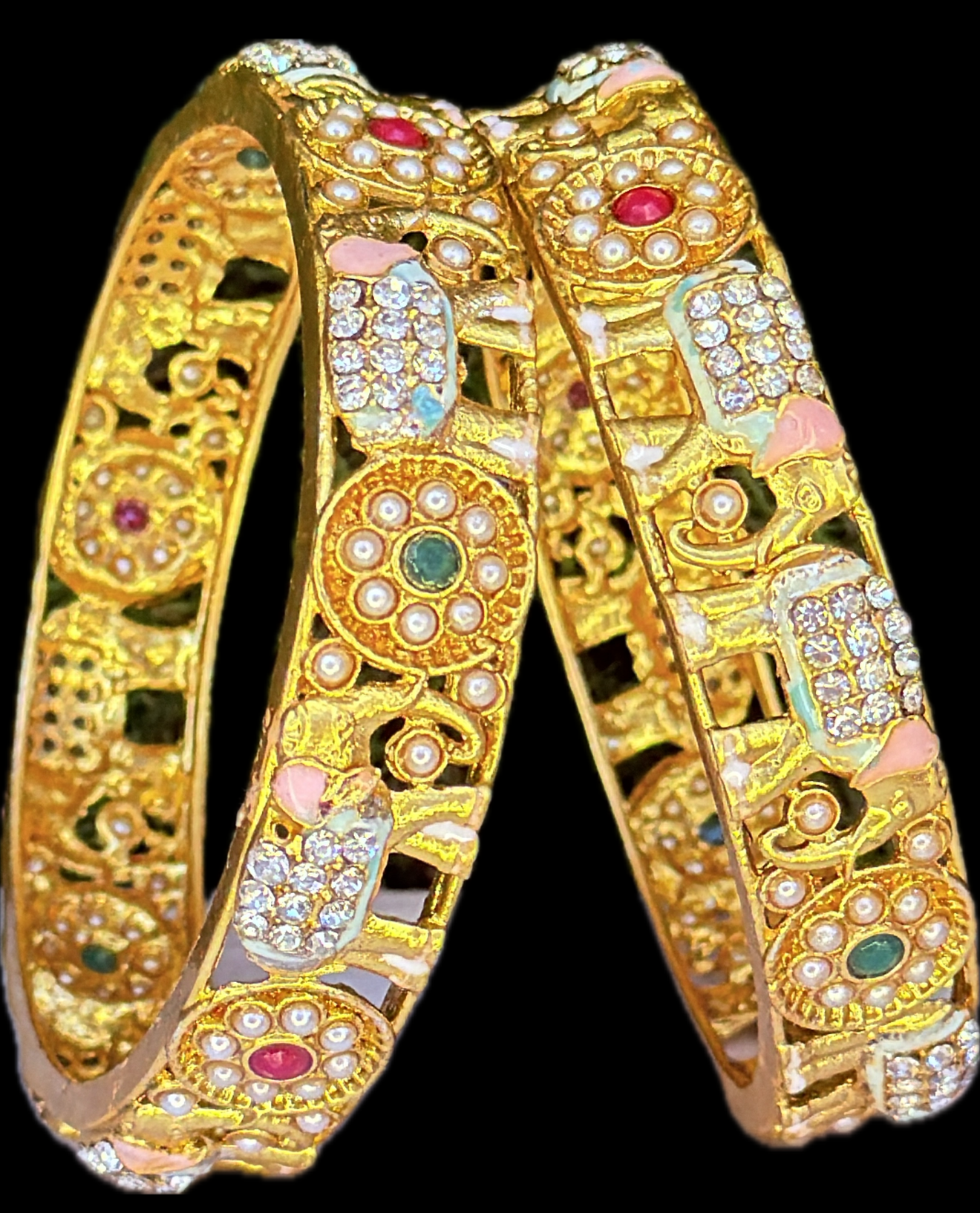 Antique Gold Multicolor Jadau Bangles with Ruby & Emerald Accents – Set of 2 Traditional Bangles