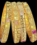 Antique Gold-Finish Temple Bangles with Ruby Stone Accents – Set of 4 Traditional Bangles